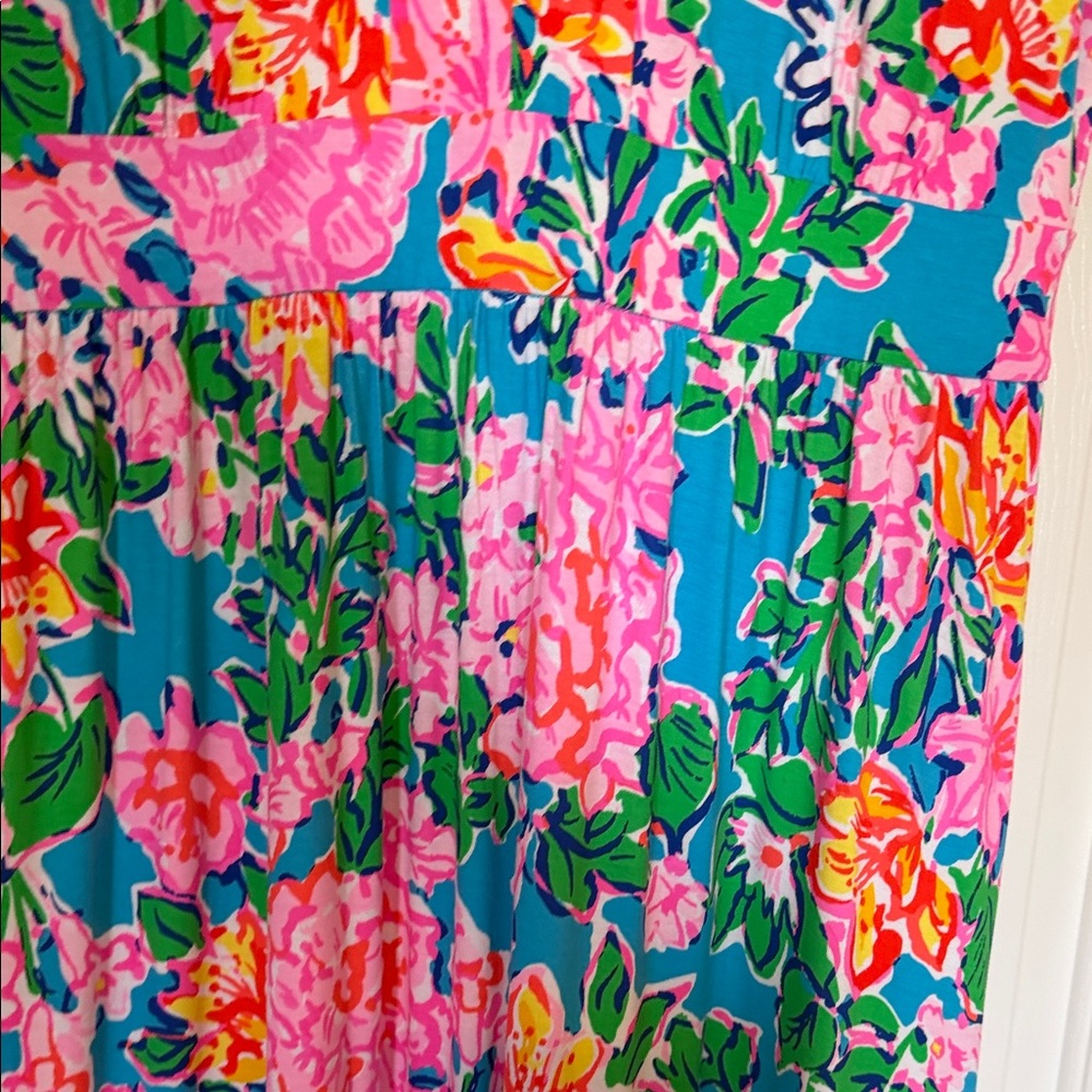 Lilly Pulitzer Floral V-Neck Ruffle Sleeve Maxi Dress in Teal, Pink & Yellow - Picture 10 of 10